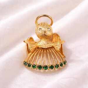 Vintage Gold Tone Angel Green Rhinestone Brooch
